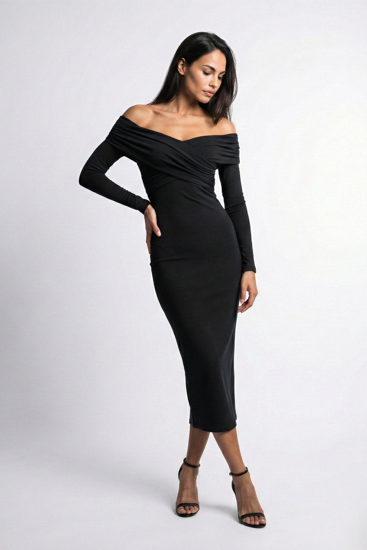 KADIN ÇAPRAZ YAKA DRAPE DETAYLI ESNEK KUMAŞ TASARIM ELBİSE