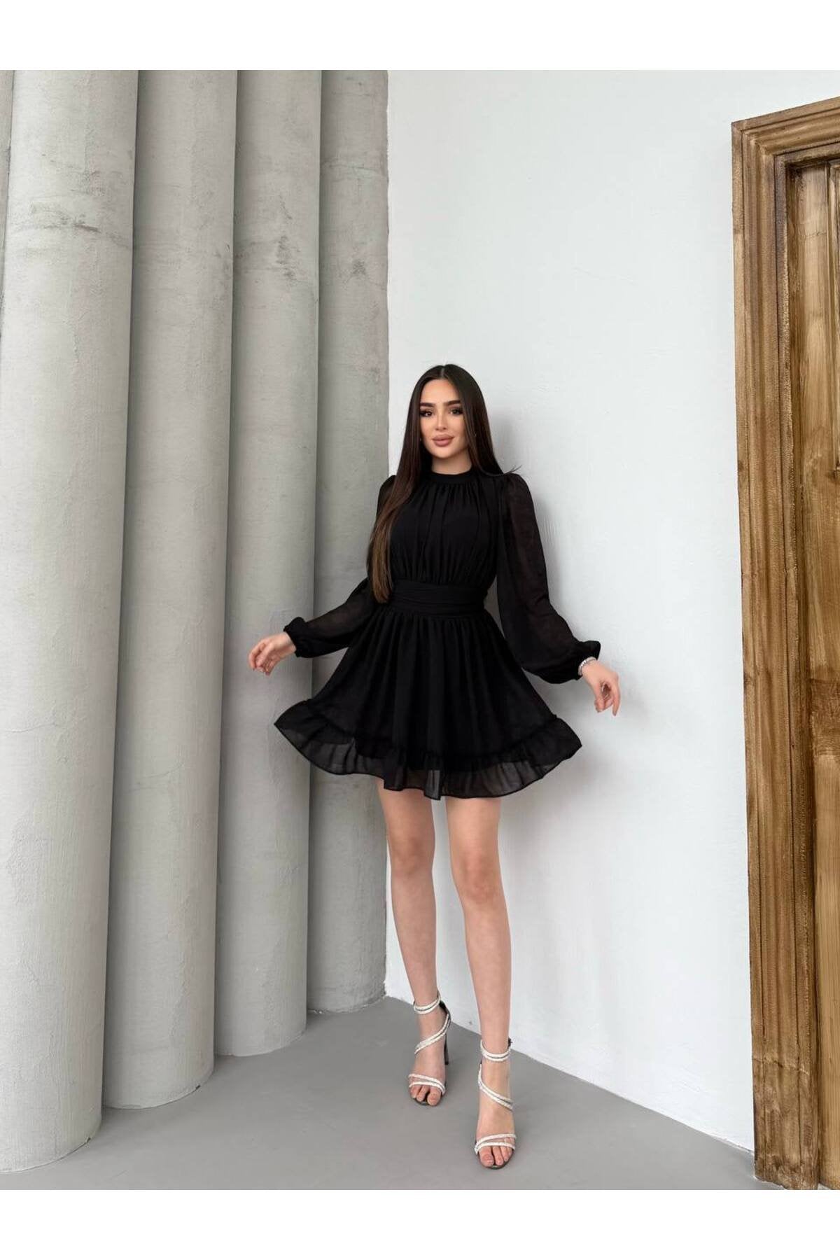 KADIN ETEĞİ FIRFIRLI BÜZGÜ DETAYLI BALON KOL ŞİFON ELBİSE