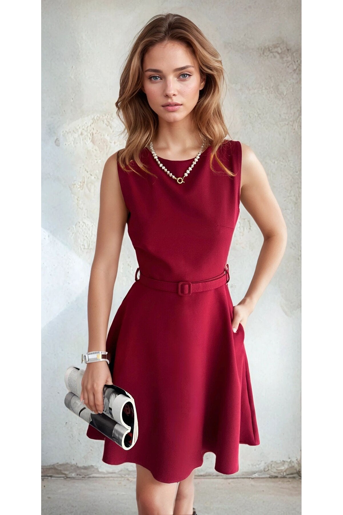 KADIN ATLAS KUMAŞ KEMERLİ VE CEPLİ KLOŞ ELBİSE