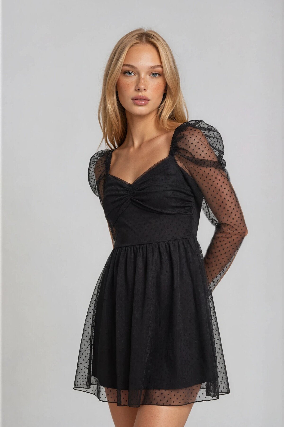 KADIN DRAPE DETAYLI PUANTİYE DESENLİ ETEĞİ KLOŞ ABİYE DÜĞÜN DAVET SÖZ BALO MEZUNİYET ELBİSESİ