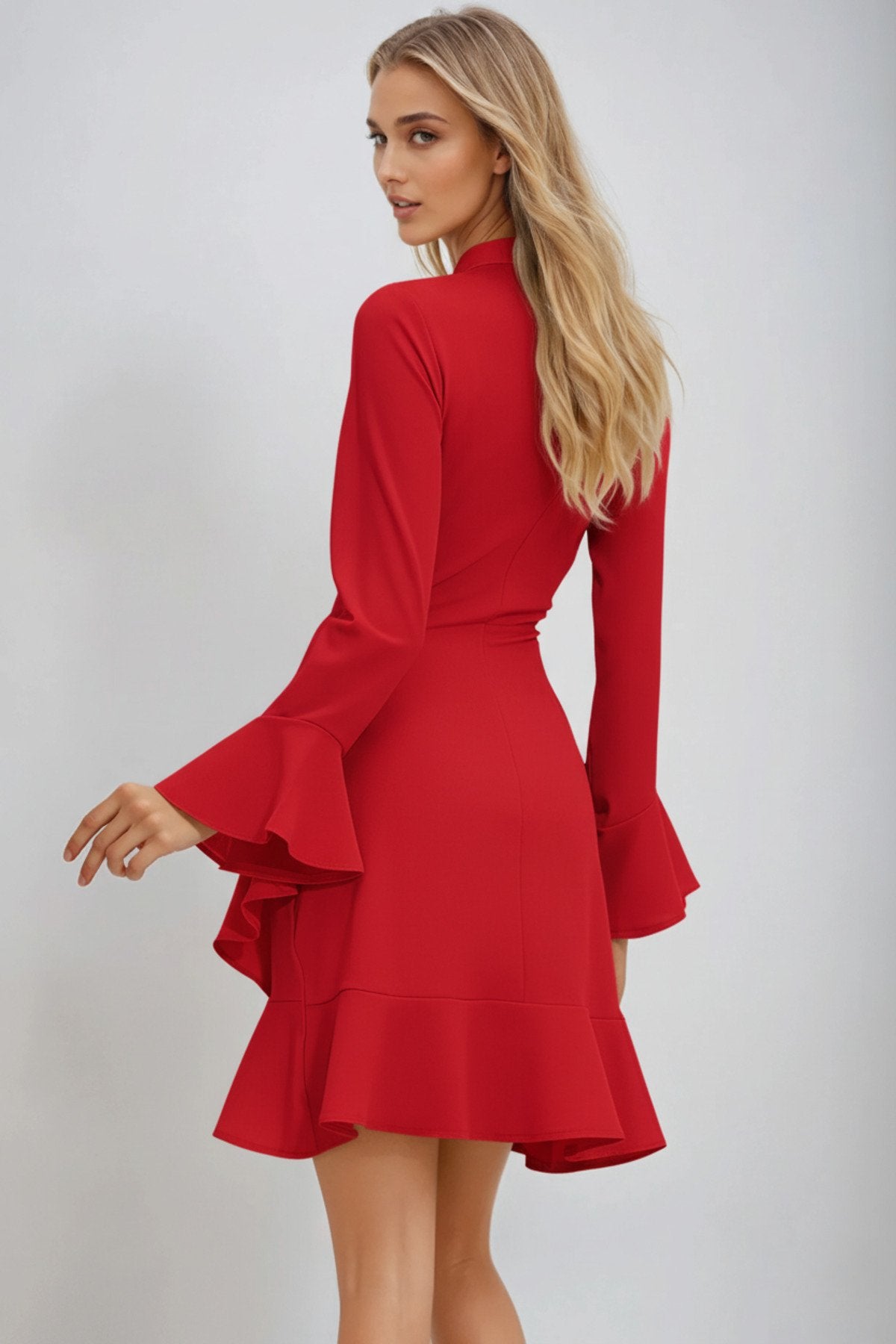 KADIN ETEĞİ VOLANLI YARIM BALIKÇI YAKA İSPANYOL KOL ESNEK KUMAŞ ELBİSE