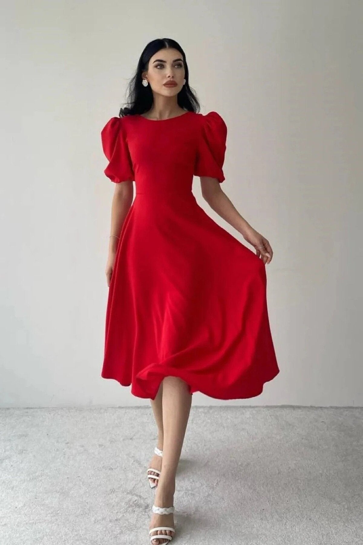 KADIN BALON KOL ETEĞİ KLOŞ MİDİ BOY ELBİSE