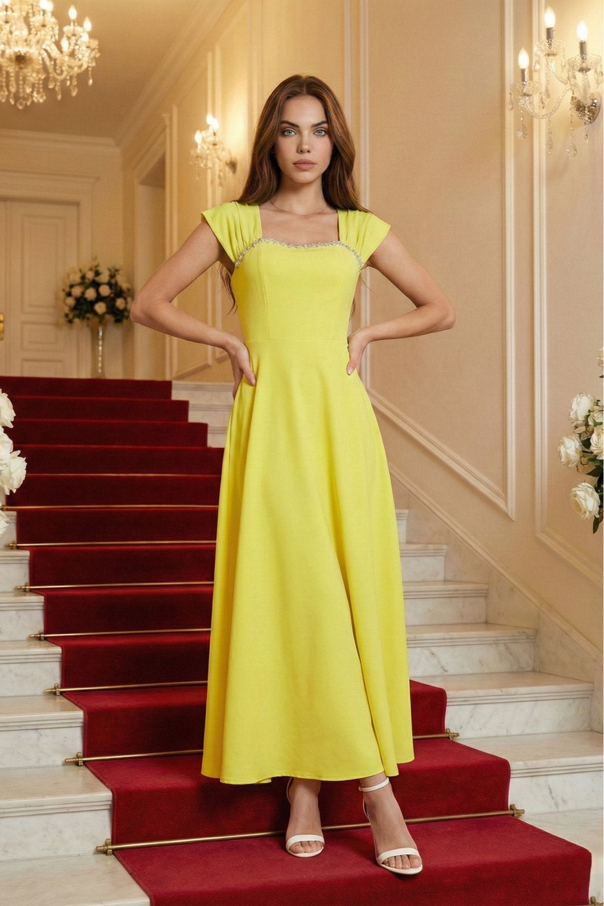 KADIN YAKASI TAŞ AKSESUAR DETAYLI ATLAS KUMAŞ UZUN BOY ETEĞİ KLOŞ ABİYE DÜĞÜN NİŞAN DAVET ELBİSESİ