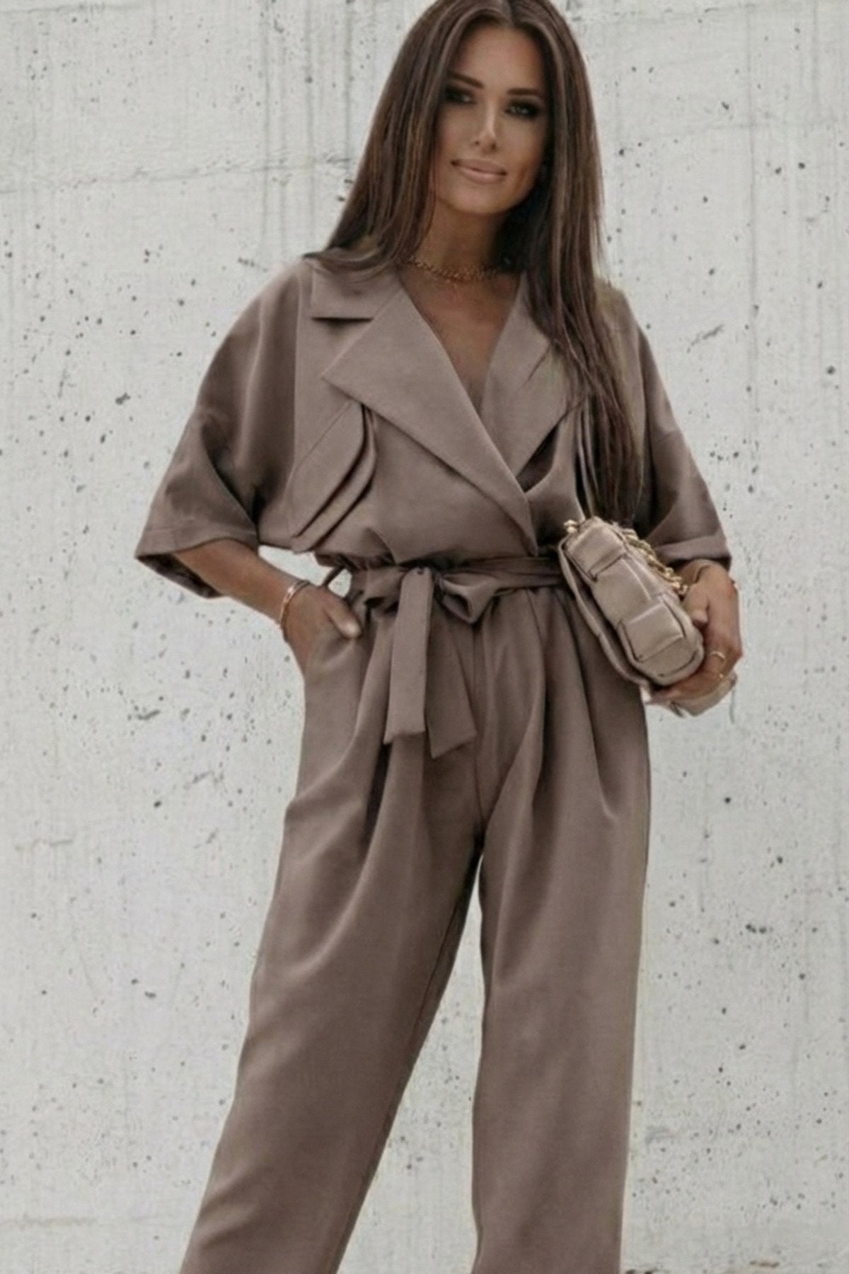 KADIN CEP DETAYLI KUŞAKLI GÖMLEK YAKA TULUM