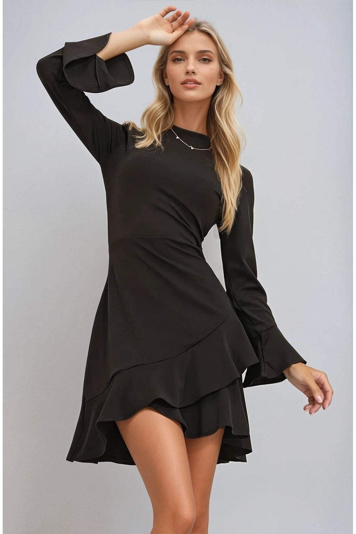 KADIN ETEĞİ VOLANLI YARIM BALIKÇI YAKA İSPANYOL KOL ESNEK KUMAŞ ELBİSE