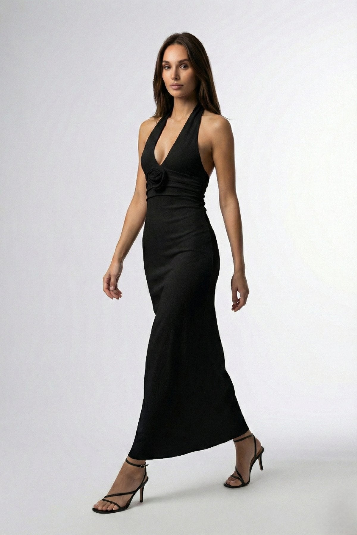 KADIN DRAPELİ GÜL DETAYLI SIRTI AÇIK KOLSUZ DÜĞÜN SÖZ NİŞAN MEZUNİYET DAVET ABİYE ELBİSE