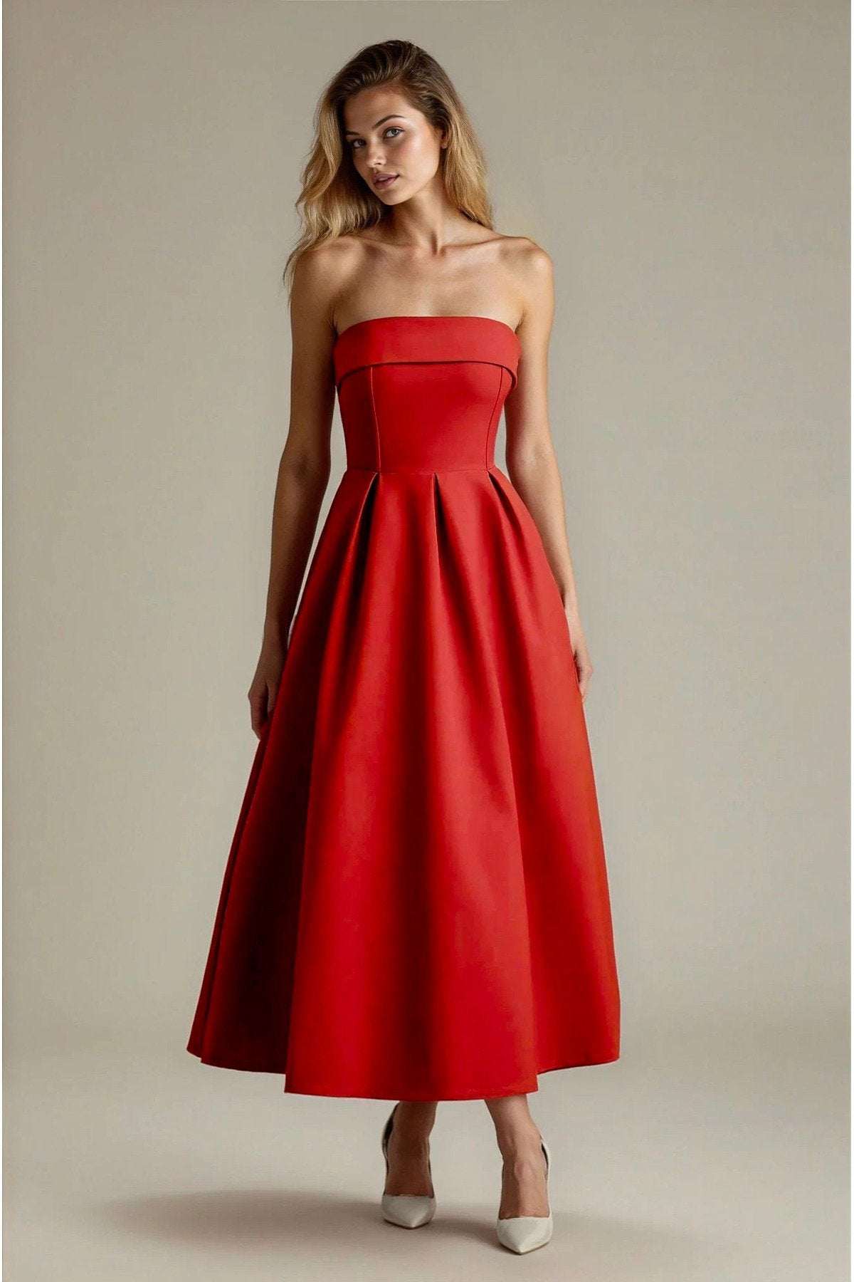 KADIN ATLAS KUMAŞ STRAPLEZ YAKA KLOŞ KESİM UZUN BOY DÜĞÜN NİŞAN DAVET ELBİSESİ