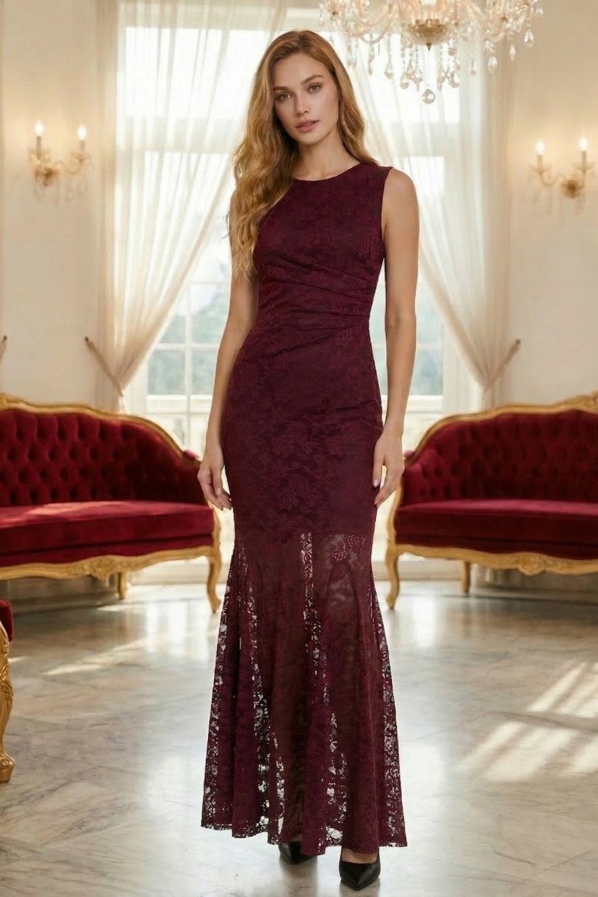 KADIN KOLSUZ DRAPE DETAYLI ASTARLI LİKRALI PREMİUM DANTEL KUMAŞ DAVET DÜĞÜN NİŞAN BALO SÖZ ELBİSESİ