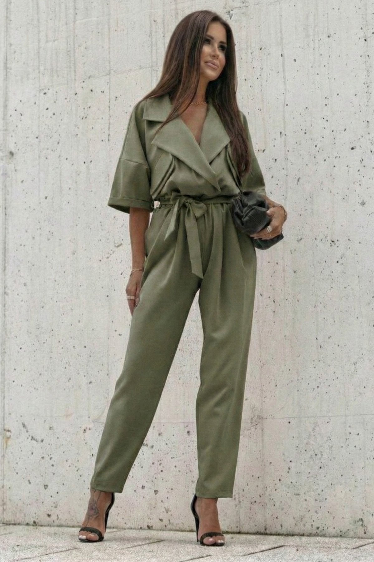 KADIN CEP DETAYLI KUŞAKLI GÖMLEK YAKA TULUM