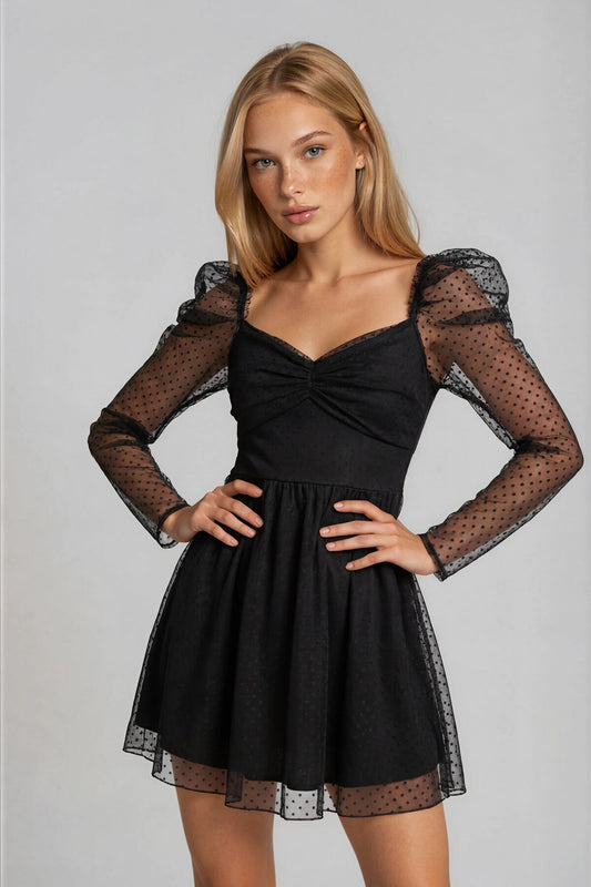 KADIN DRAPE DETAYLI PUANTİYE DESENLİ ETEĞİ KLOŞ ABİYE DÜĞÜN DAVET SÖZ BALO MEZUNİYET ELBİSESİ