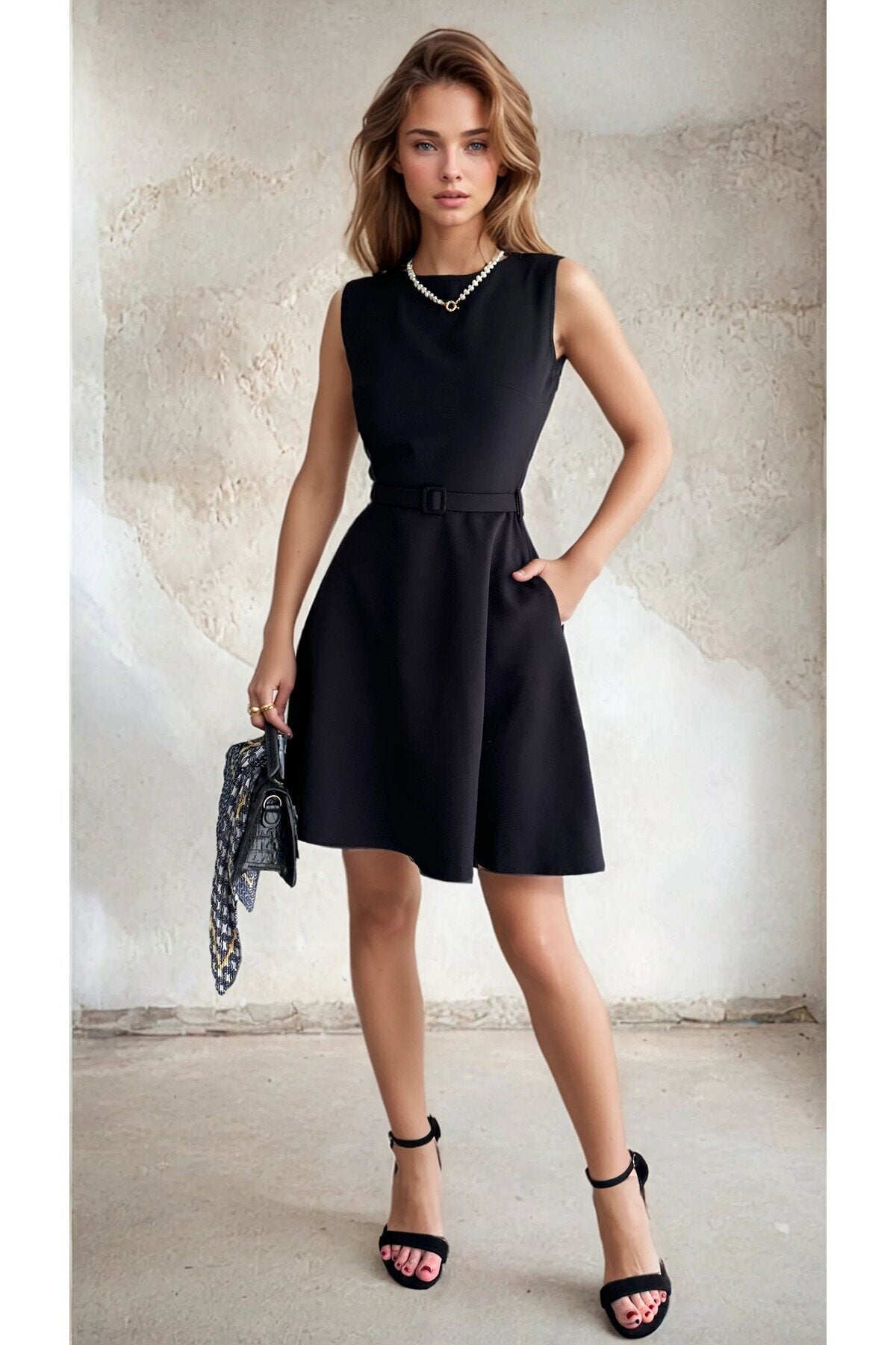 KADIN ATLAS KUMAŞ KEMERLİ VE CEPLİ KLOŞ ELBİSE