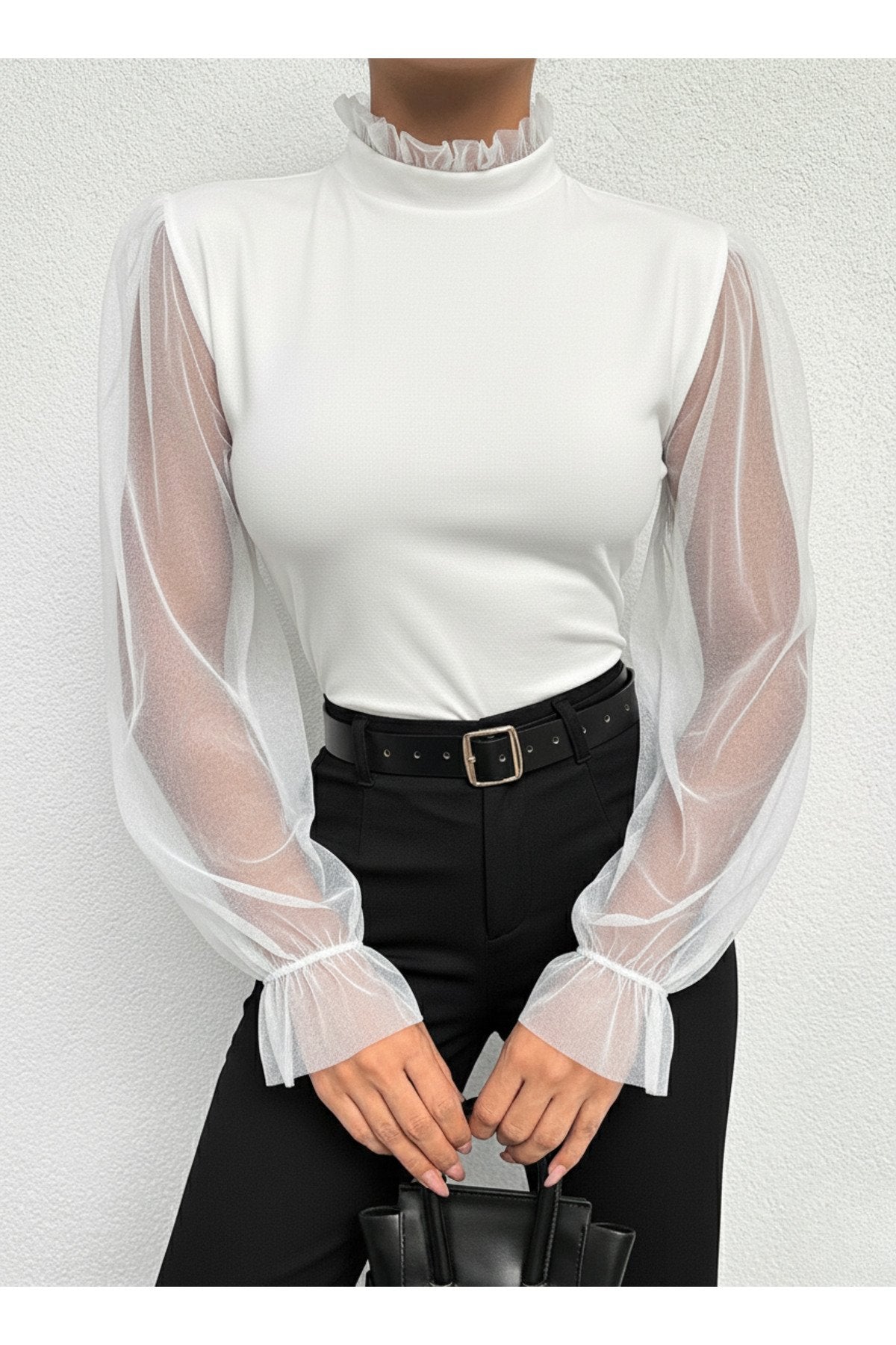 KADIN YAKASI FIRFIRLI KOLU TÜL ESNEK ÖRME KUMAŞ BLUZ