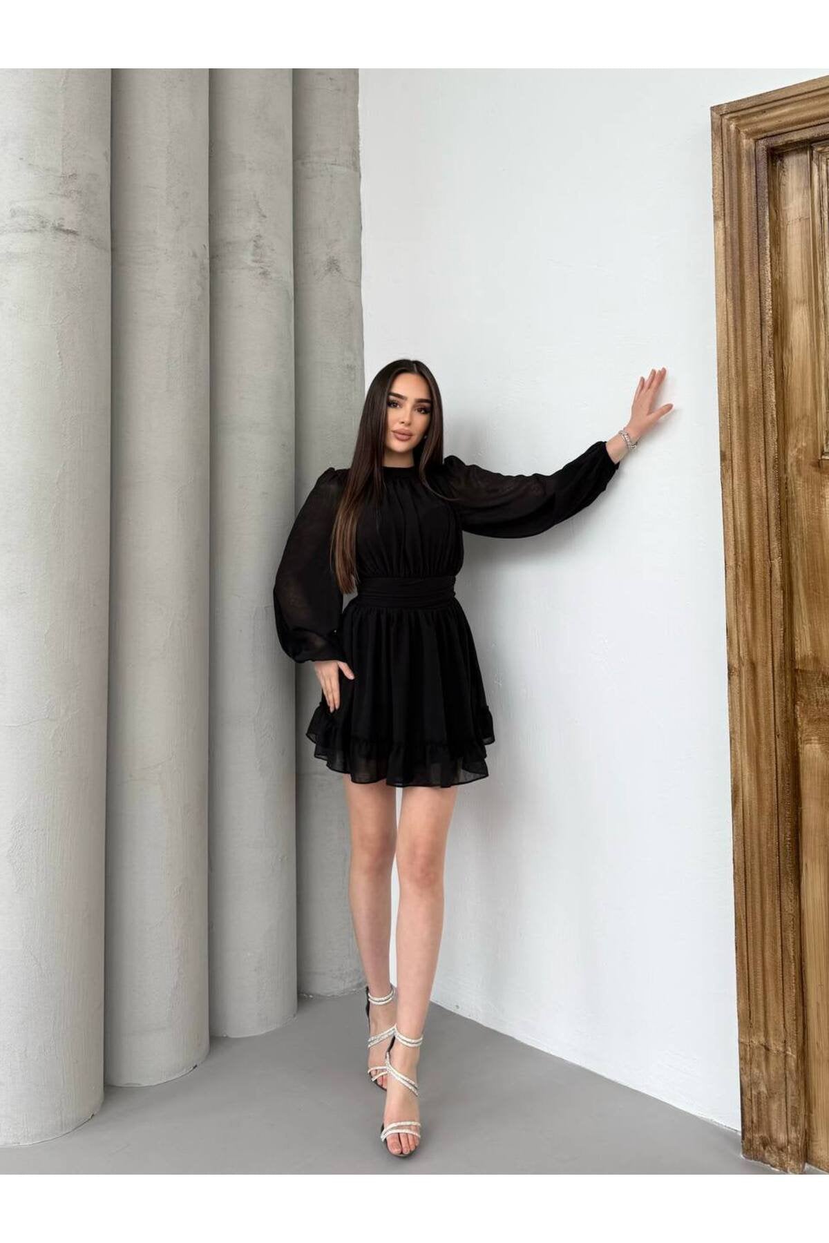 KADIN ETEĞİ FIRFIRLI BÜZGÜ DETAYLI BALON KOL ŞİFON ELBİSE