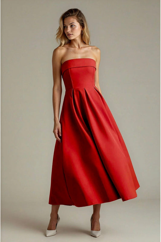 KADIN ATLAS KUMAŞ STRAPLEZ YAKA KLOŞ KESİM UZUN BOY DÜĞÜN NİŞAN DAVET ELBİSESİ