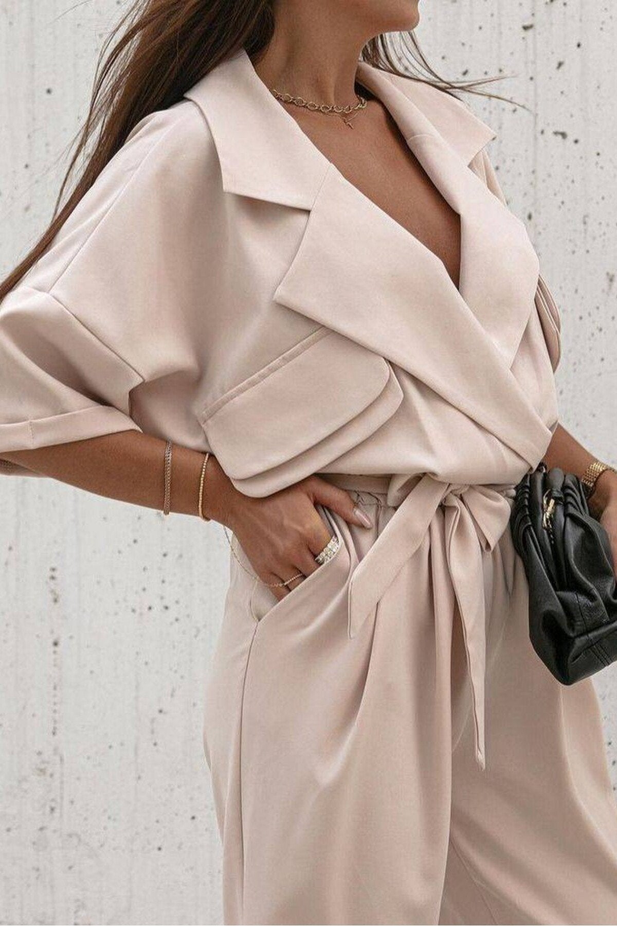 KADIN CEP DETAYLI KUŞAKLI GÖMLEK YAKA TULUM