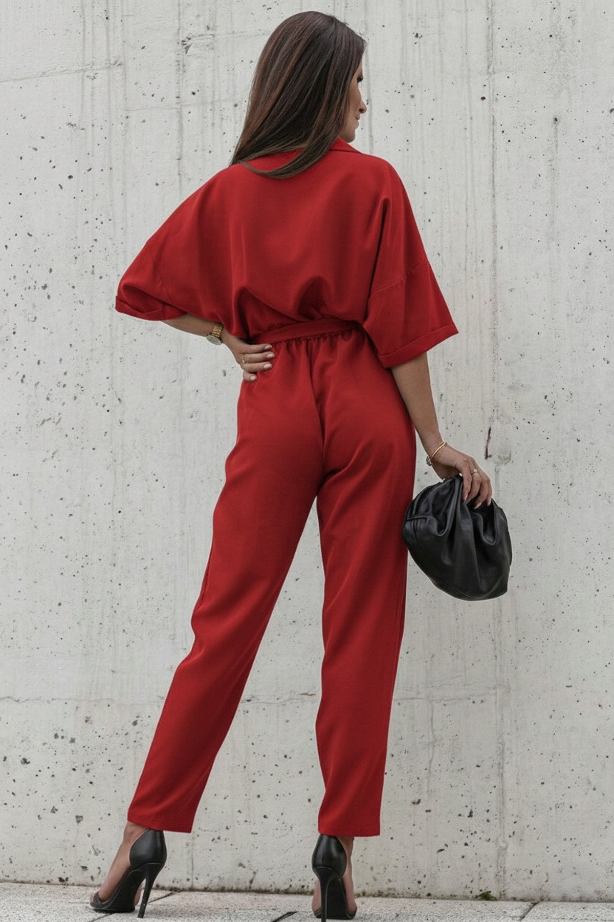 KADIN CEP DETAYLI KUŞAKLI GÖMLEK YAKA TULUM