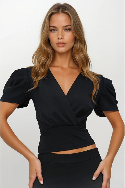 KADIN KRUVAZE YAKA PRENSES KOL BELDEN PİLELİ ESNEK KUMAŞ BLUZ