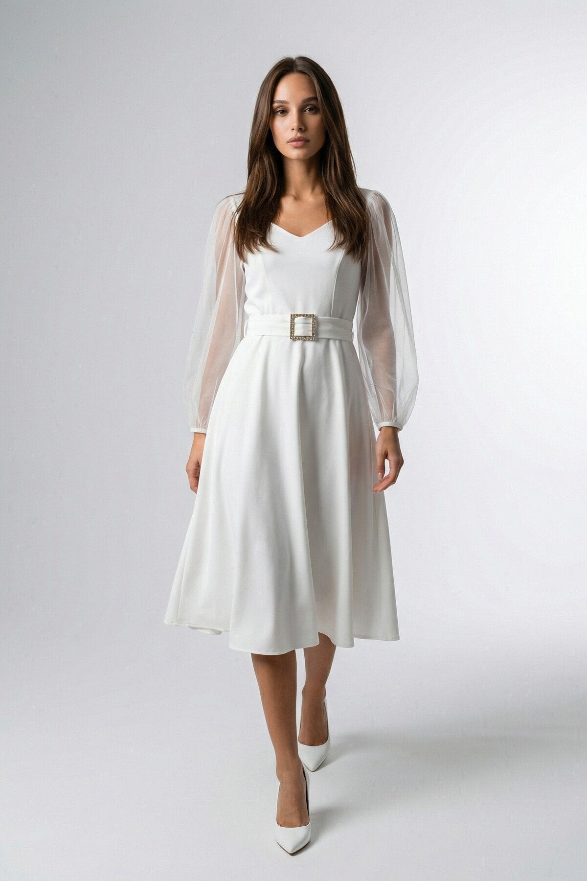 KADIN KALP YAKA KOLU TÜLLÜ TOKA DETAYLI ESNEK KUMAŞ MİDİ BOY KLOŞ SÖZ DÜĞÜN DAVET ELBİSESİ