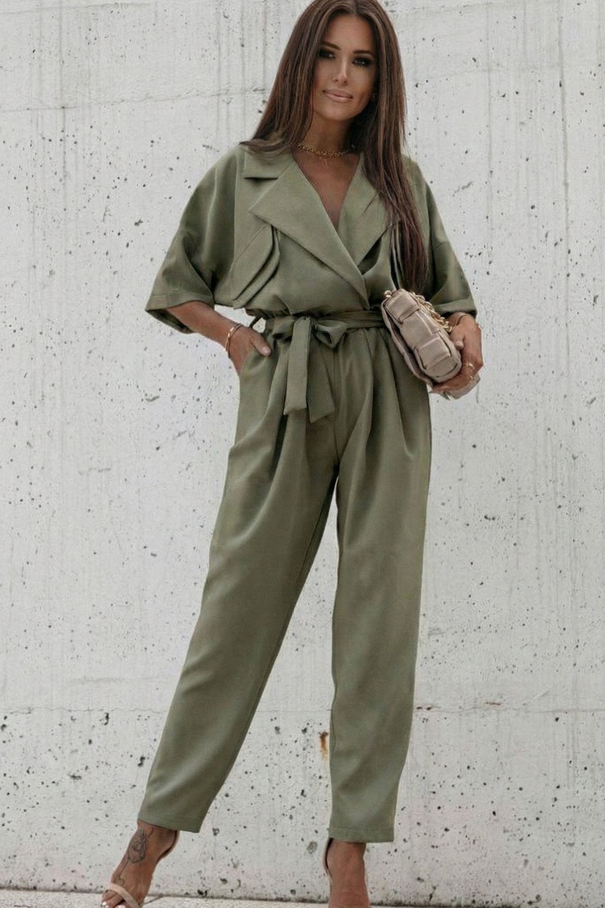 KADIN CEP DETAYLI KUŞAKLI GÖMLEK YAKA TULUM