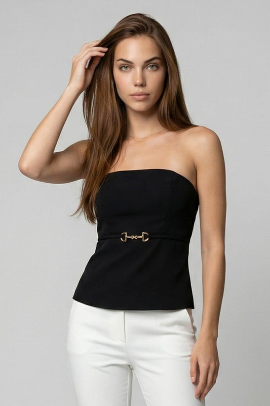 KADIN TOKA DETAYLI ATLAS KUMAŞ STRAPLEZ BLUZ