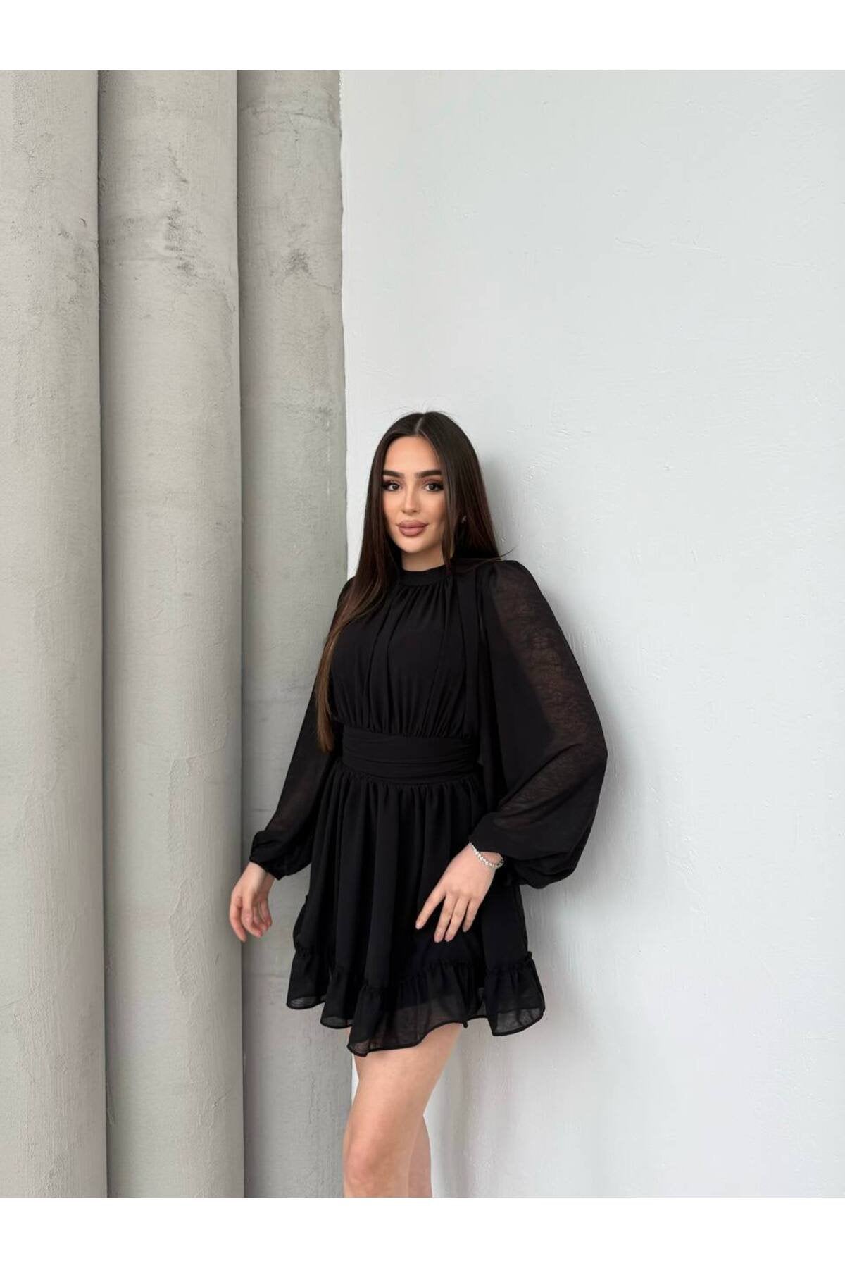 KADIN ETEĞİ FIRFIRLI BÜZGÜ DETAYLI BALON KOL ŞİFON ELBİSE