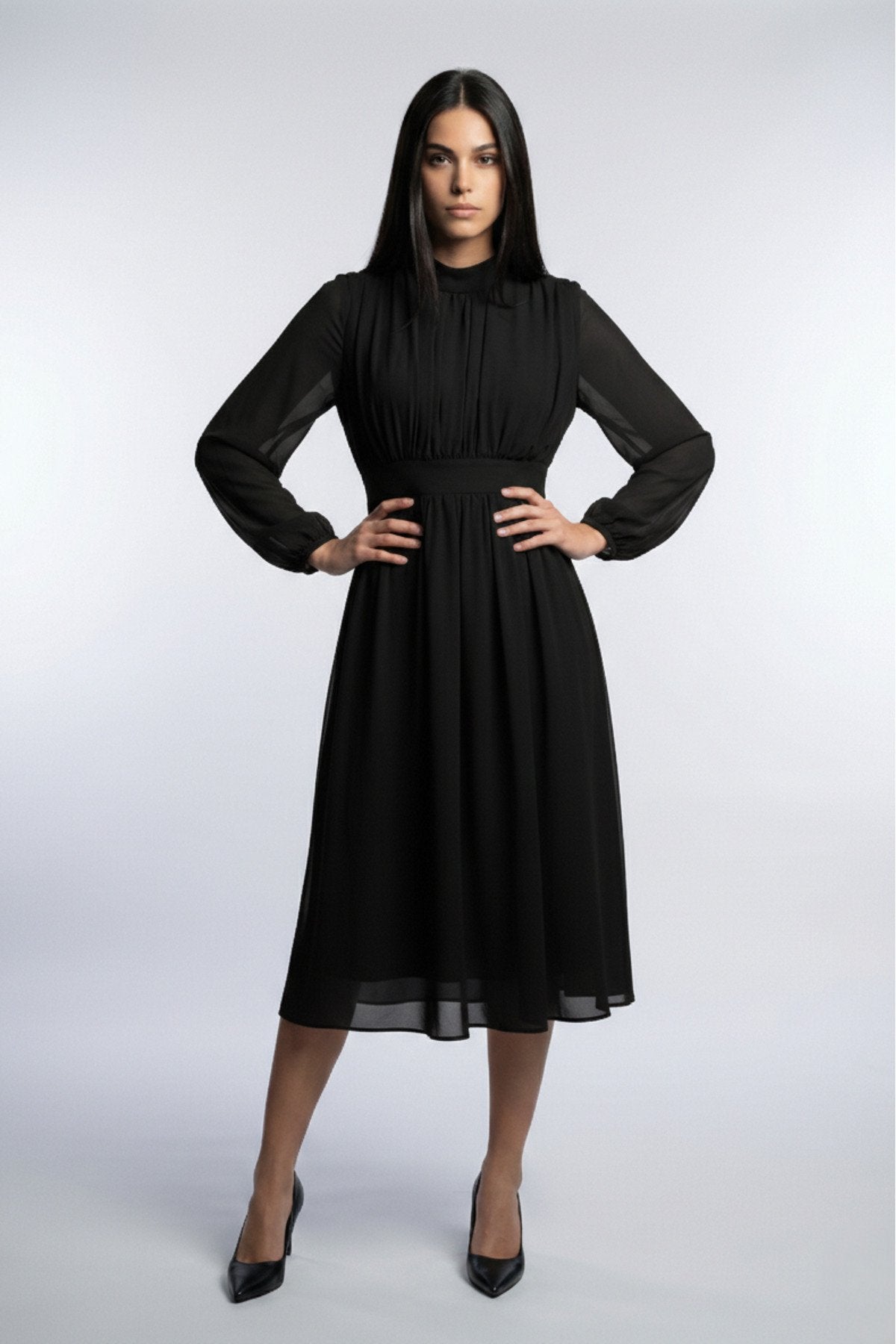 KADIN YARIM BALIKÇI YAKA BÜZGÜ DETAYLI ASTARLI MİDİ BOY ŞİFON ELBİSE