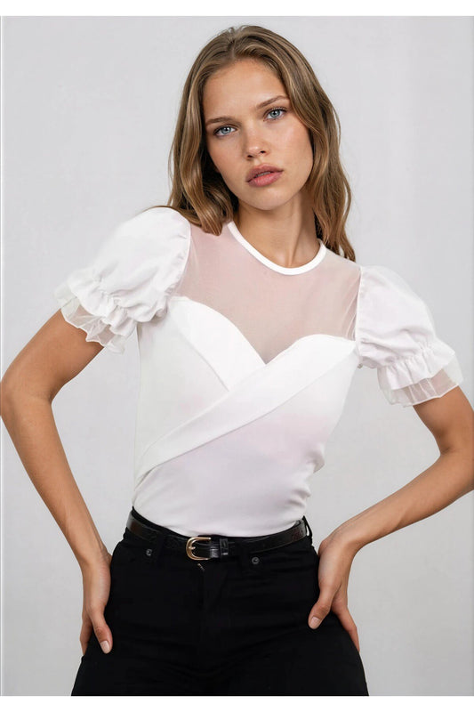 KADIN TÜL GARNİLİ PRENSES KOL ESNEK KUMAŞ BLUZ