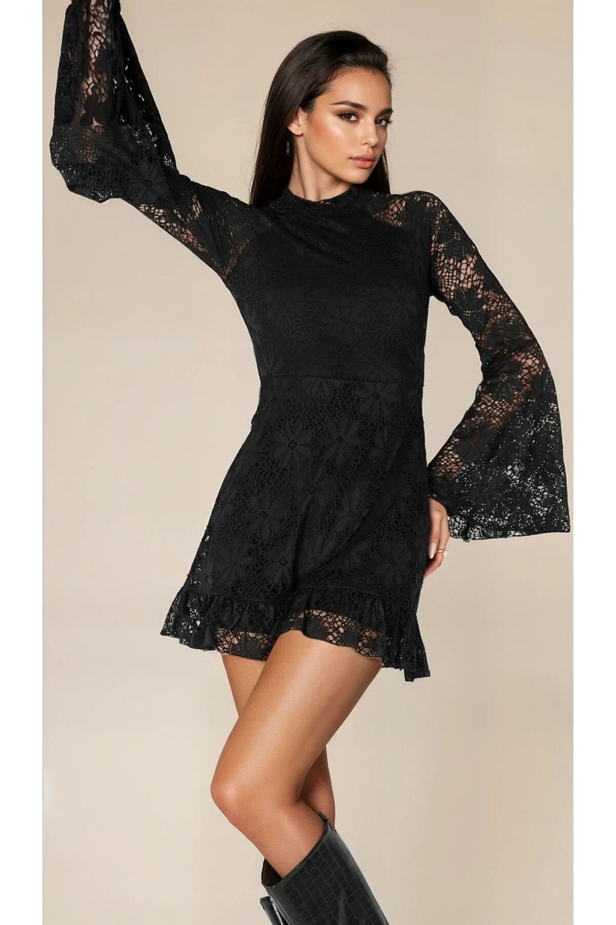 KADIN İSPANYOL KOL YARIM BALIKÇI YAKA ASTARLI MİNİ BOY DANTEL ELBİSE