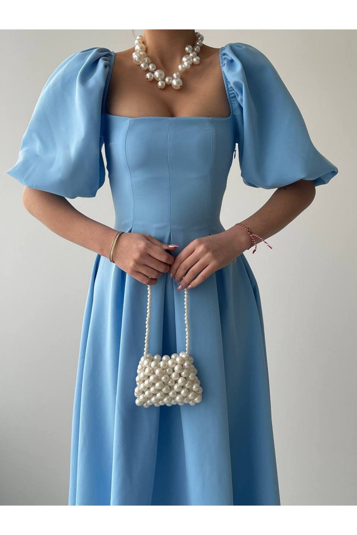 KADIN ATLAS KUMAŞ KARE YAKA BALON KOL KLOŞ KESİM MİDİ BOY NİKAH DÜĞÜN DAVET ELBİSESİ