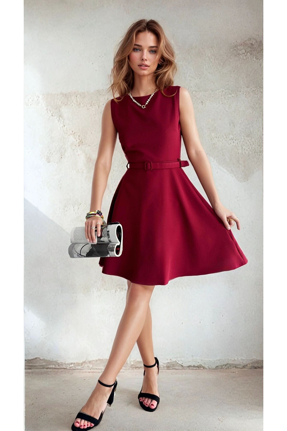 KADIN ATLAS KUMAŞ KEMERLİ VE CEPLİ KLOŞ ELBİSE