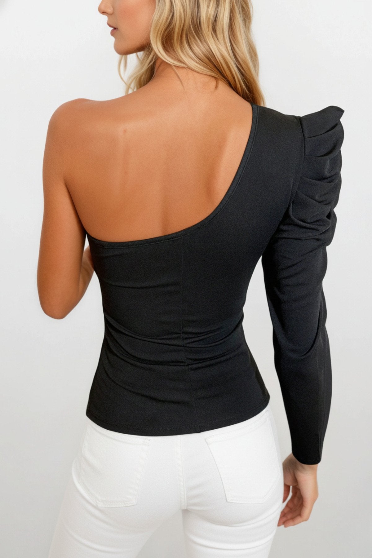 KADIN VATKALI TEK OMUZ TASARIM ESNEK ÖRME KUMAŞ BLUZ