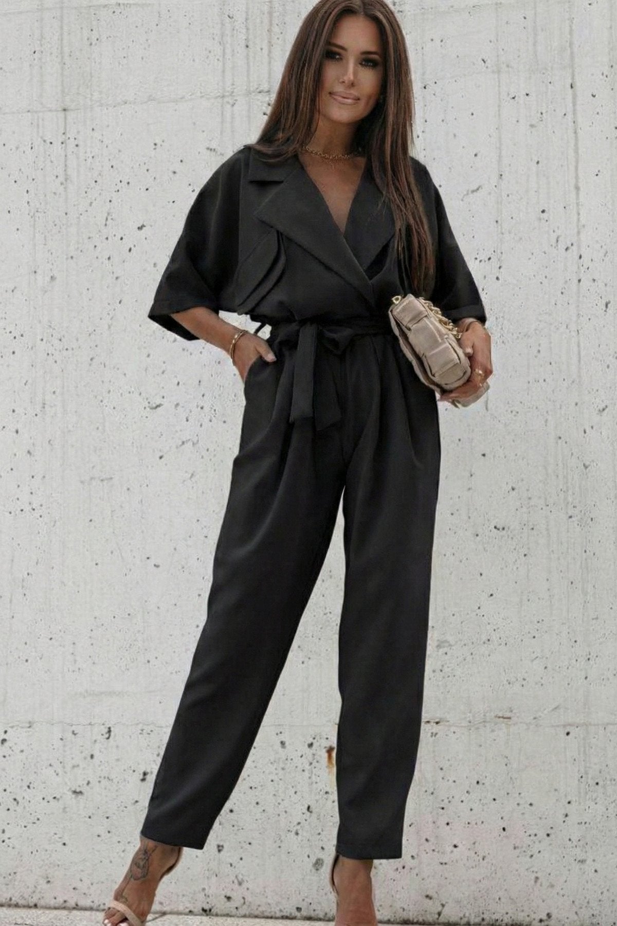 KADIN CEP DETAYLI KUŞAKLI GÖMLEK YAKA TULUM