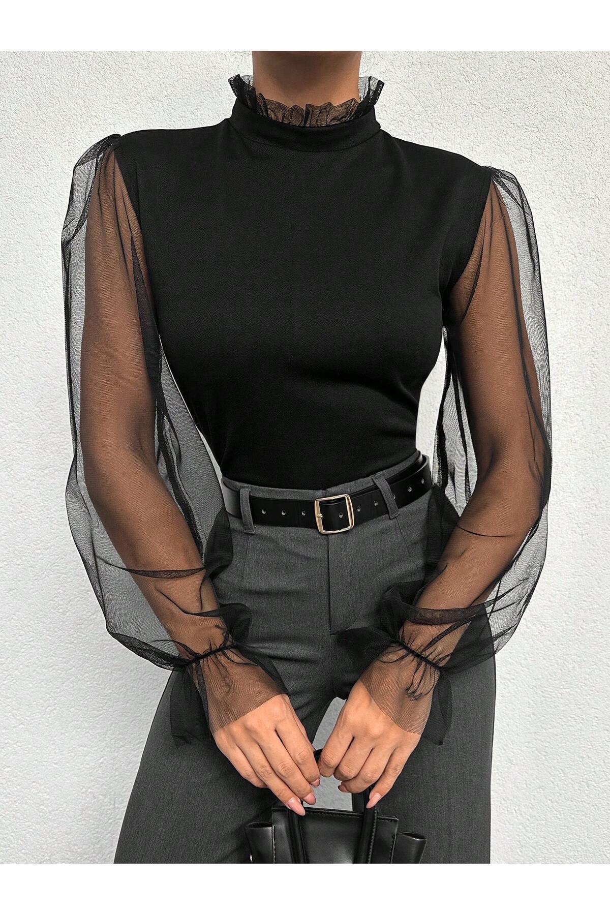 KADIN YAKASI FIRFIRLI KOLU TÜL ESNEK ÖRME KUMAŞ BLUZ