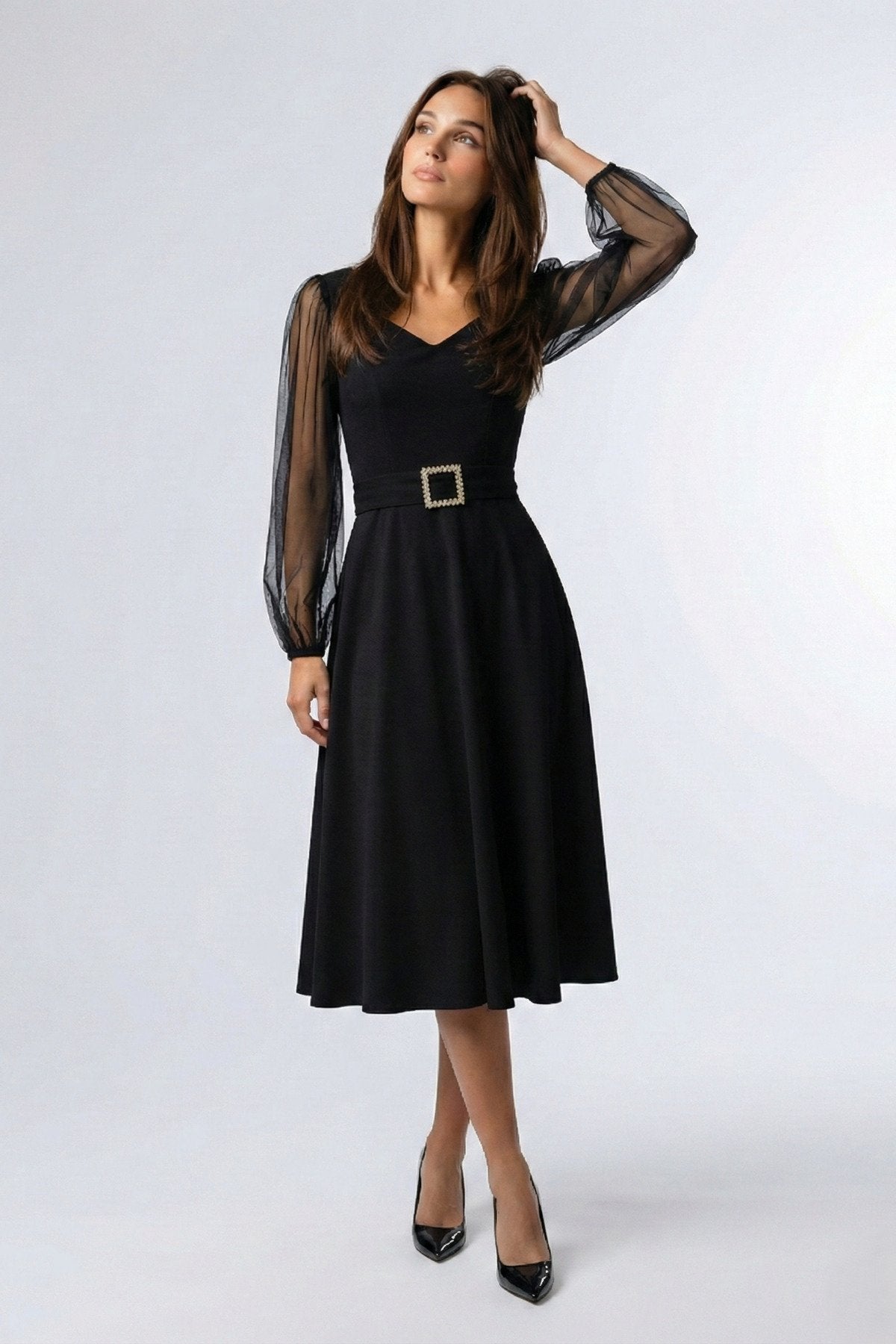 KADIN KALP YAKA KOLU TÜLLÜ TOKA DETAYLI ESNEK KUMAŞ MİDİ BOY KLOŞ SÖZ DÜĞÜN DAVET ELBİSESİ