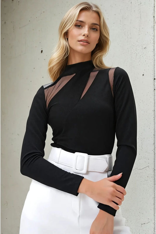 KADIN TÜL GARNİLİ YARIM BALIKÇI ESNEK ÖRME KUMAŞ TASARIM BLUZ