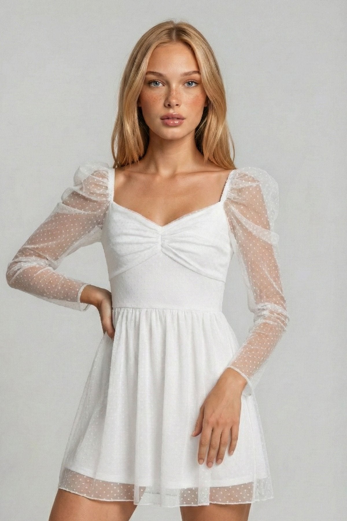 KADIN DRAPE DETAYLI PUANTİYE DESENLİ ETEĞİ KLOŞ ABİYE DÜĞÜN DAVET SÖZ BALO MEZUNİYET ELBİSESİ