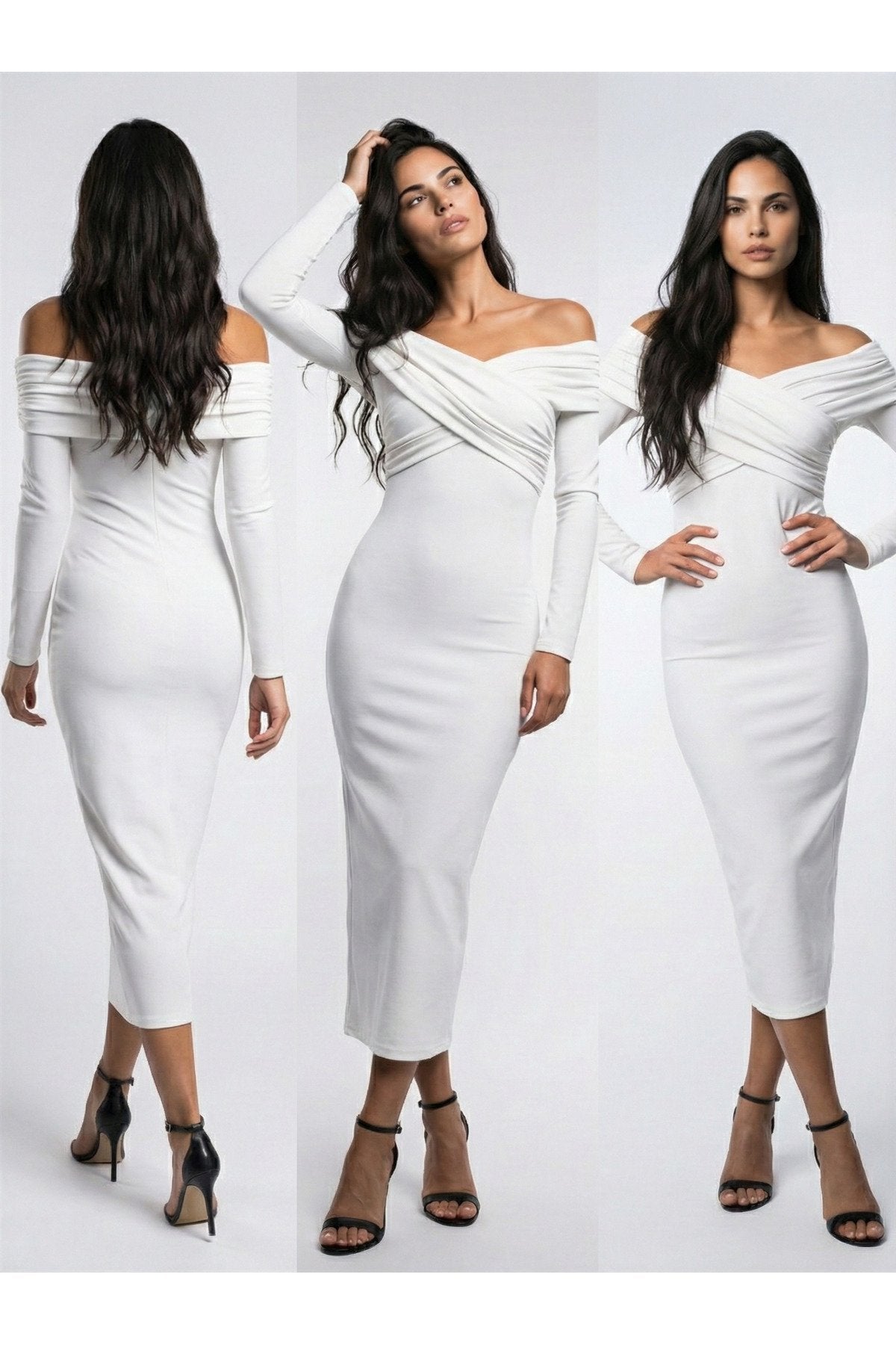 KADIN ÇAPRAZ YAKA DRAPE DETAYLI ESNEK KUMAŞ TASARIM ELBİSE