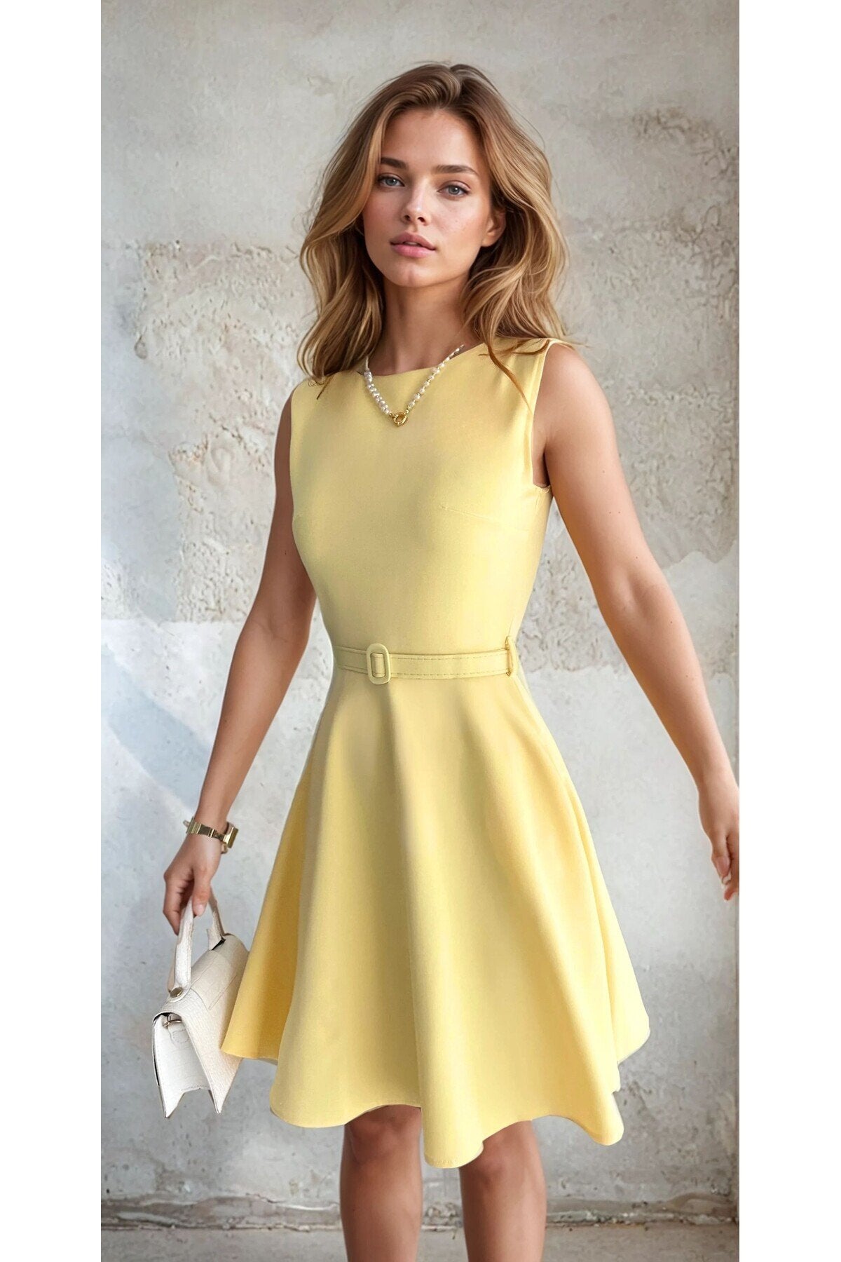 KADIN ATLAS KUMAŞ KEMERLİ VE CEPLİ KLOŞ ELBİSE