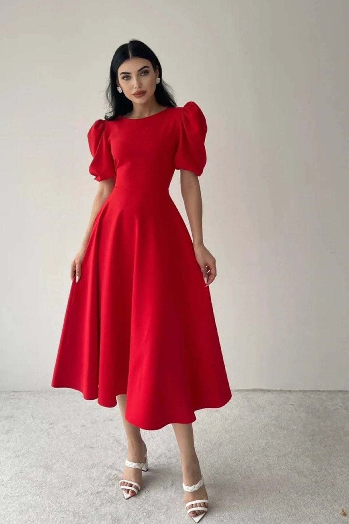 KADIN BALON KOL ETEĞİ KLOŞ MİDİ BOY ELBİSE