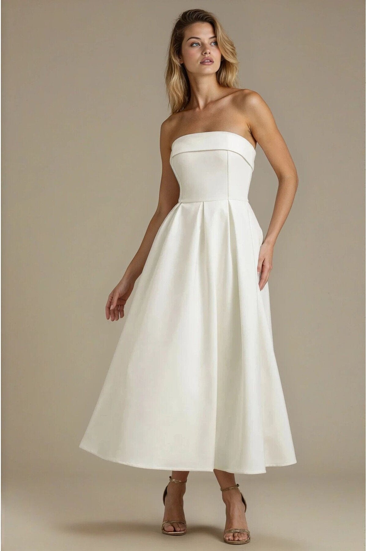 KADIN ATLAS KUMAŞ STRAPLEZ YAKA KLOŞ KESİM UZUN BOY DÜĞÜN NİŞAN DAVET ELBİSESİ