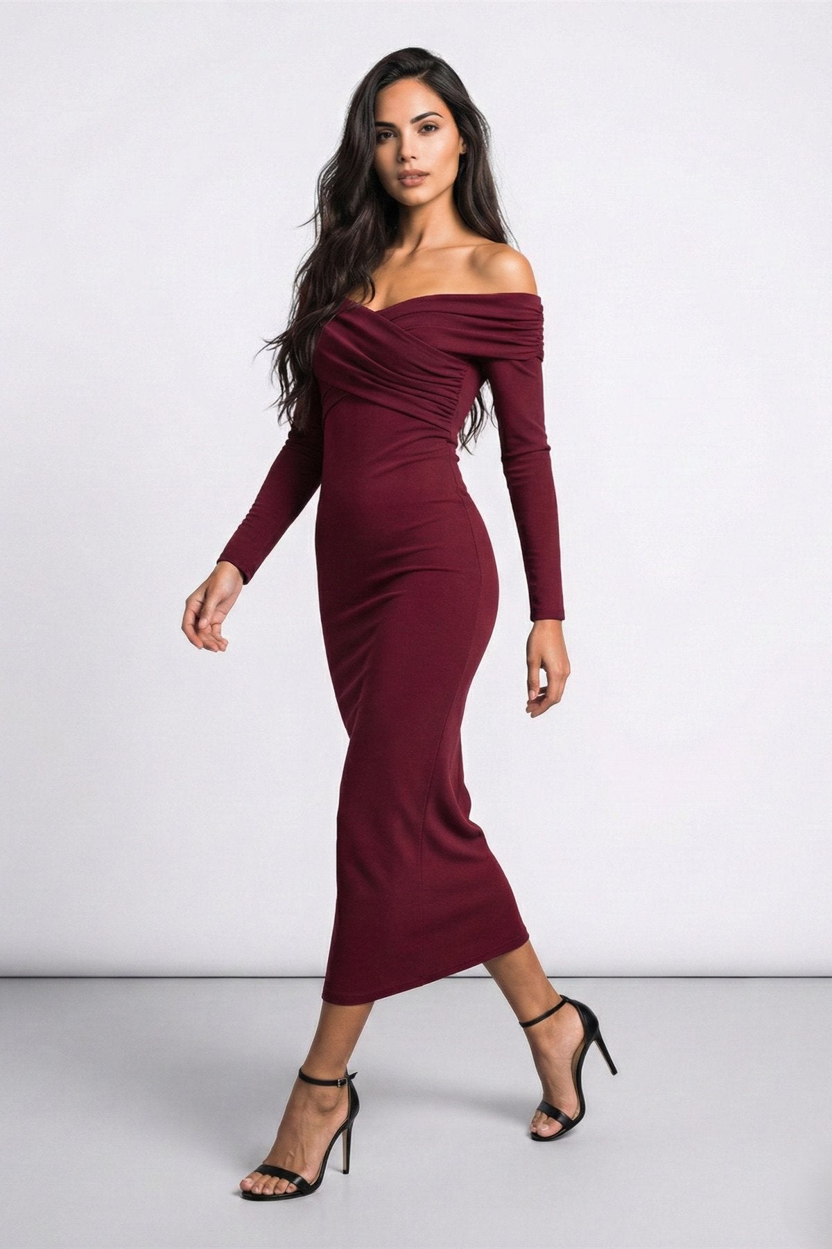 KADIN ÇAPRAZ YAKA DRAPE DETAYLI ESNEK KUMAŞ TASARIM ELBİSE