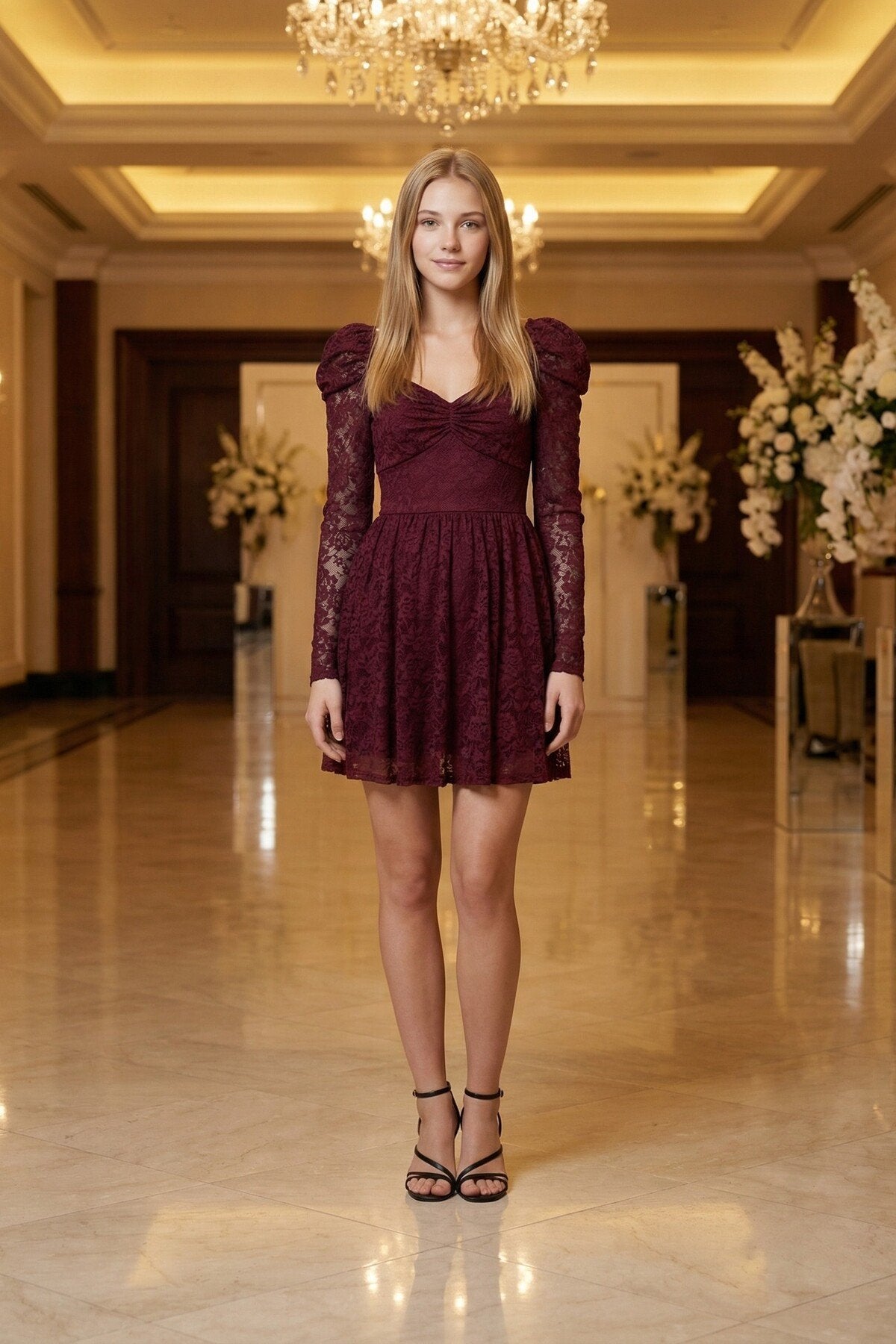 KADIN KLOŞ KESİM ÖNÜ BÜZGÜLÜ PREMIUM ESNEK DANTEL KUMAŞ ASTARLI BALO MEZUNİYET DAVET ELBİSESİ