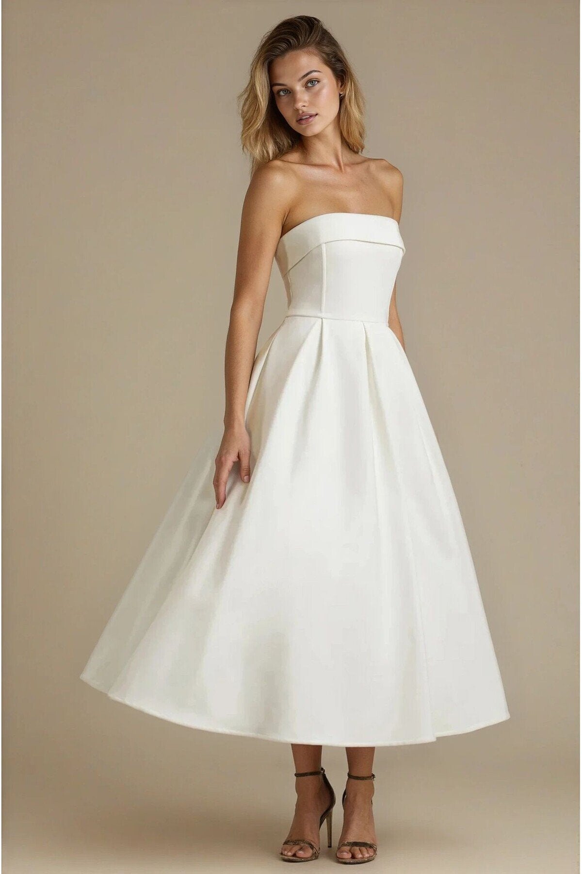 KADIN ATLAS KUMAŞ STRAPLEZ YAKA KLOŞ KESİM UZUN BOY DÜĞÜN NİŞAN DAVET ELBİSESİ