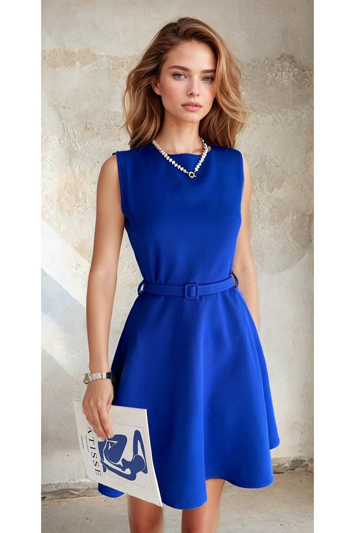 KADIN ATLAS KUMAŞ KEMERLİ VE CEPLİ KLOŞ ELBİSE