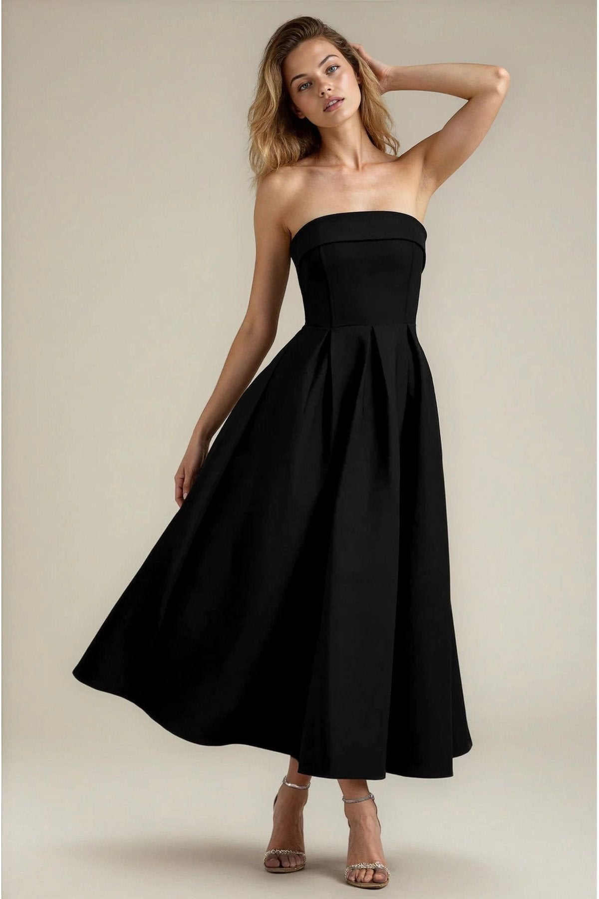 KADIN ATLAS KUMAŞ STRAPLEZ YAKA KLOŞ KESİM UZUN BOY DÜĞÜN NİŞAN DAVET ELBİSESİ