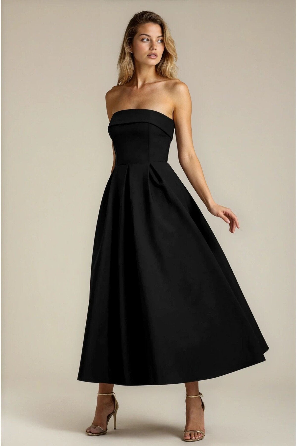 KADIN ATLAS KUMAŞ STRAPLEZ YAKA KLOŞ KESİM UZUN BOY DÜĞÜN NİŞAN DAVET ELBİSESİ