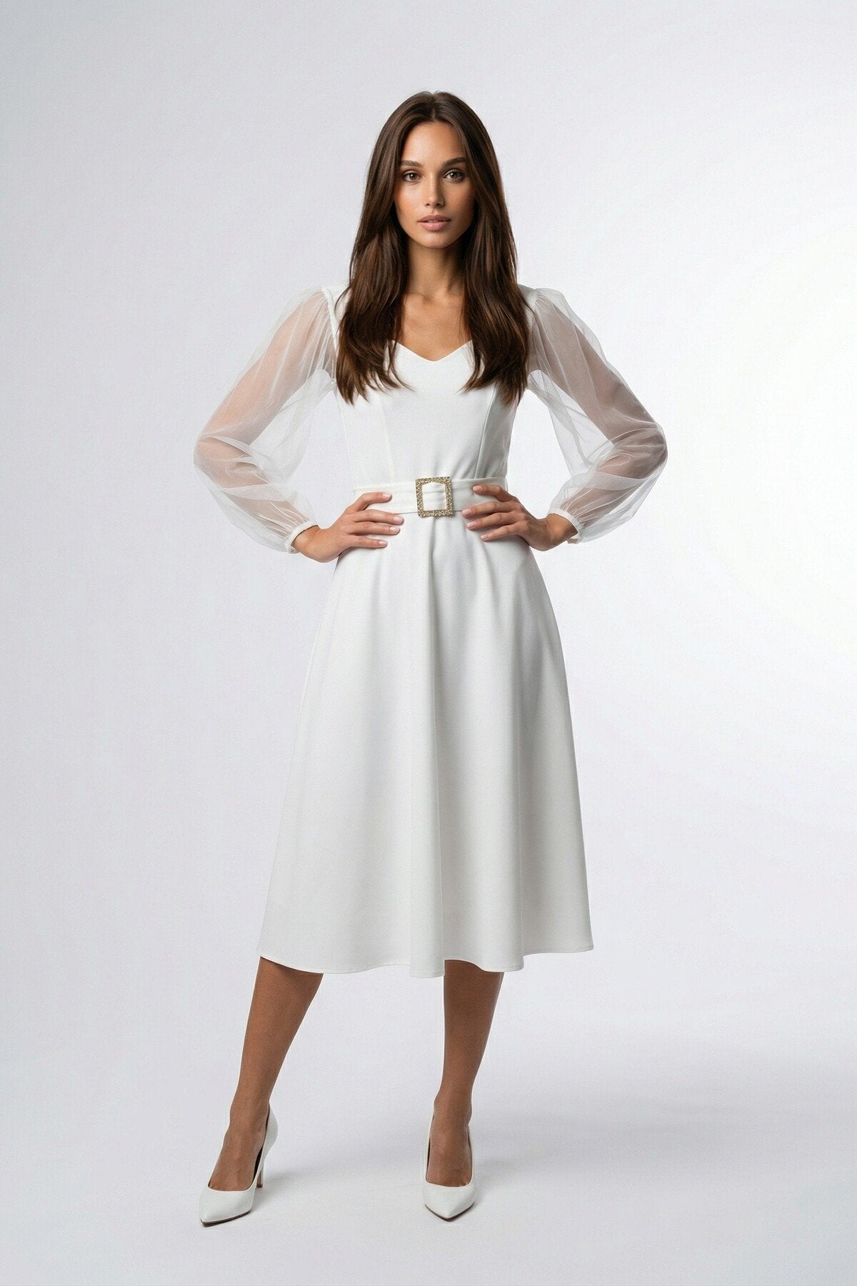 KADIN KALP YAKA KOLU TÜLLÜ TOKA DETAYLI ESNEK KUMAŞ MİDİ BOY KLOŞ SÖZ DÜĞÜN DAVET ELBİSESİ