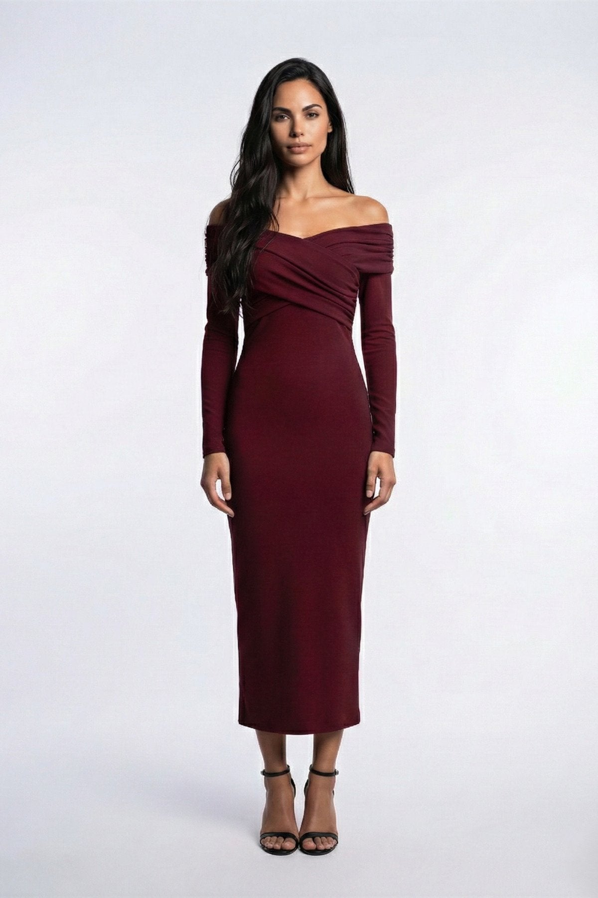 KADIN ÇAPRAZ YAKA DRAPE DETAYLI ESNEK KUMAŞ TASARIM ELBİSE