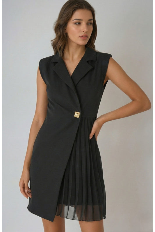 KADIN KOLSUZ ETEĞİ PİLİSELİ KRUVAZE YAKA DAVET DÜĞÜN BALO MEZUNİYET İÇİN ABİYE CEKET ELBİSE