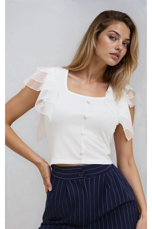 KADIN DÜĞME DETAYLI KOLU TÜLLÜ ESNEK ÖRME KUMAŞ BLUZ